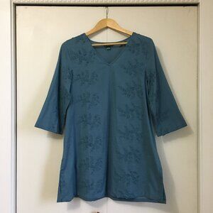 April Cornell Denim Blue Floral Embroidered Cotton Mini Dress Or Top